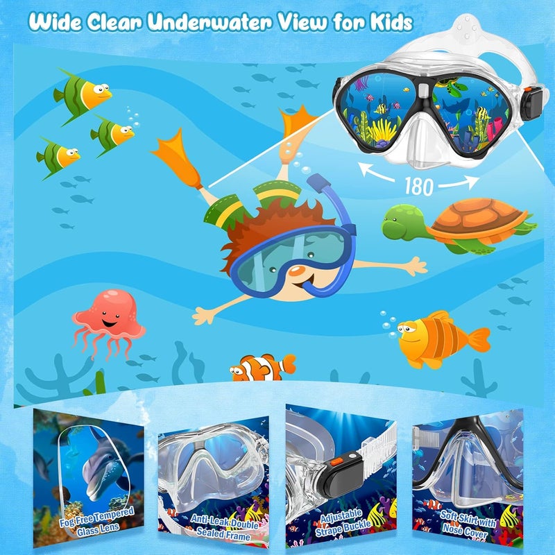 Seovediary Kids Snorkel Set, Mask Fins Snorkeling Gear for Kids Anti-Fog Swim Goggles 180 Panoramic View Dry Top Snorkel and Dive Flippers Combo with Travel Bag for Snorkeling Training Swimming Diving - Image 2
